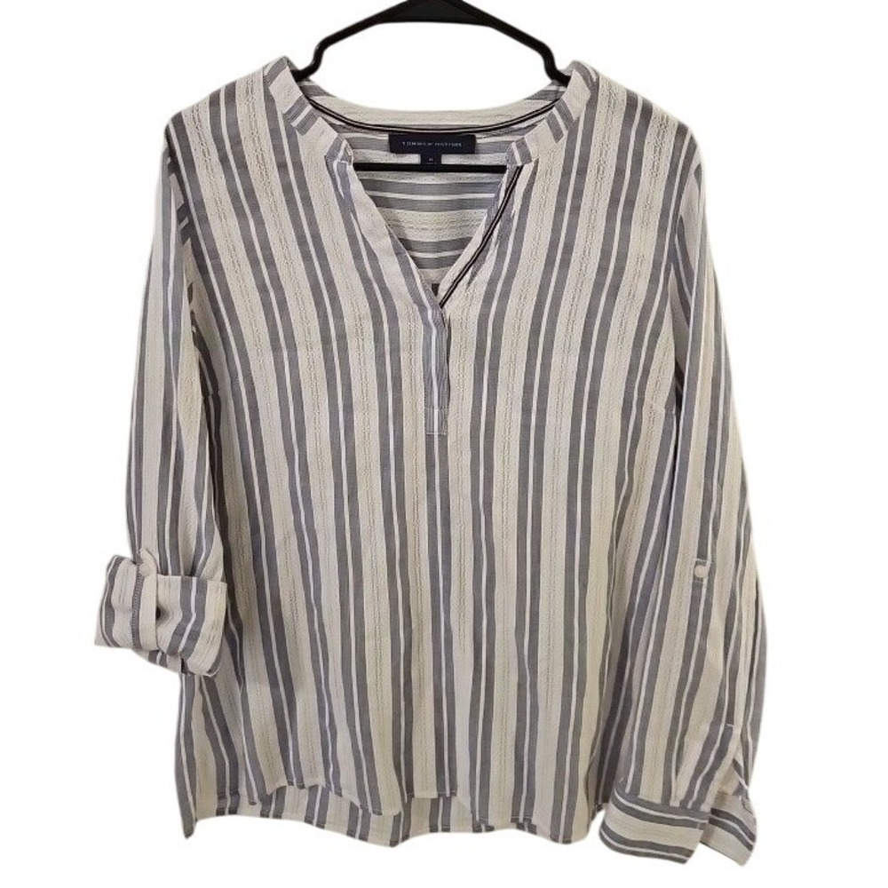 Tommy Hilfiger Womens Blue White Striped Cotton Eyelet Tunic Roll Tab Sleeve M